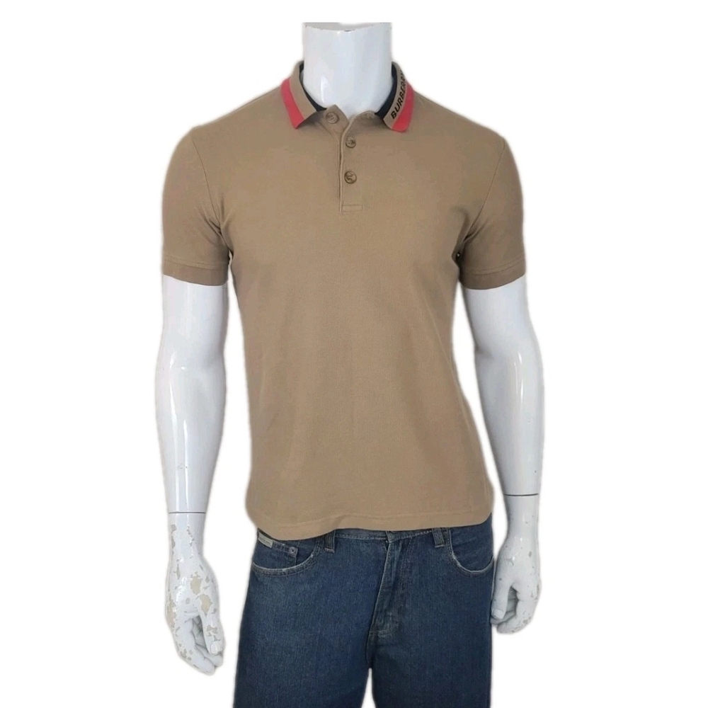 Burberry London Detailed Logo Collar Tan Polo Shirt Men's Size M Runs Small New